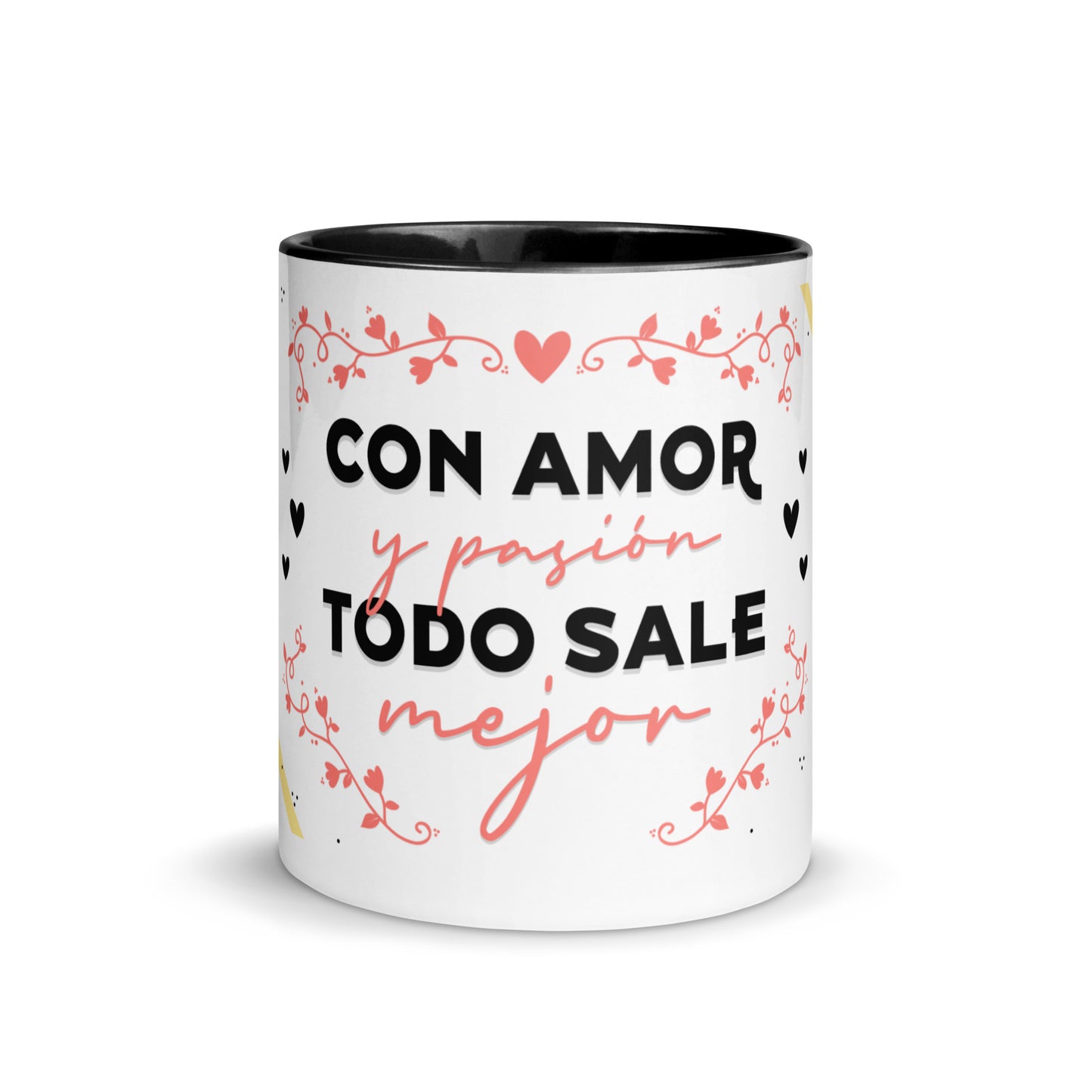 Taza con Frase y Interior de Color Negro "Con Amor y Pasión Todo Sale Mejor"