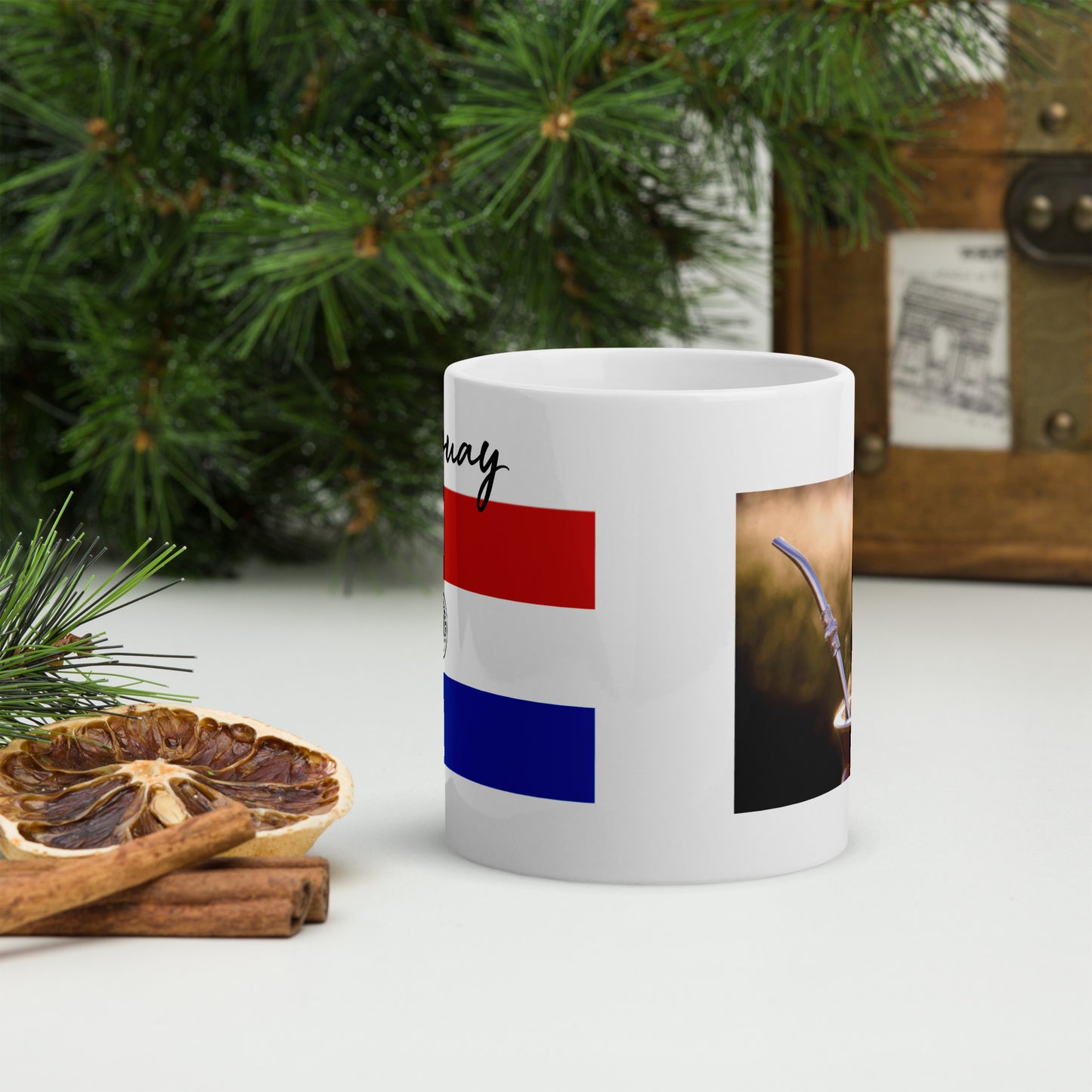 Taza blanca brillante con la Bandera de Paraguay