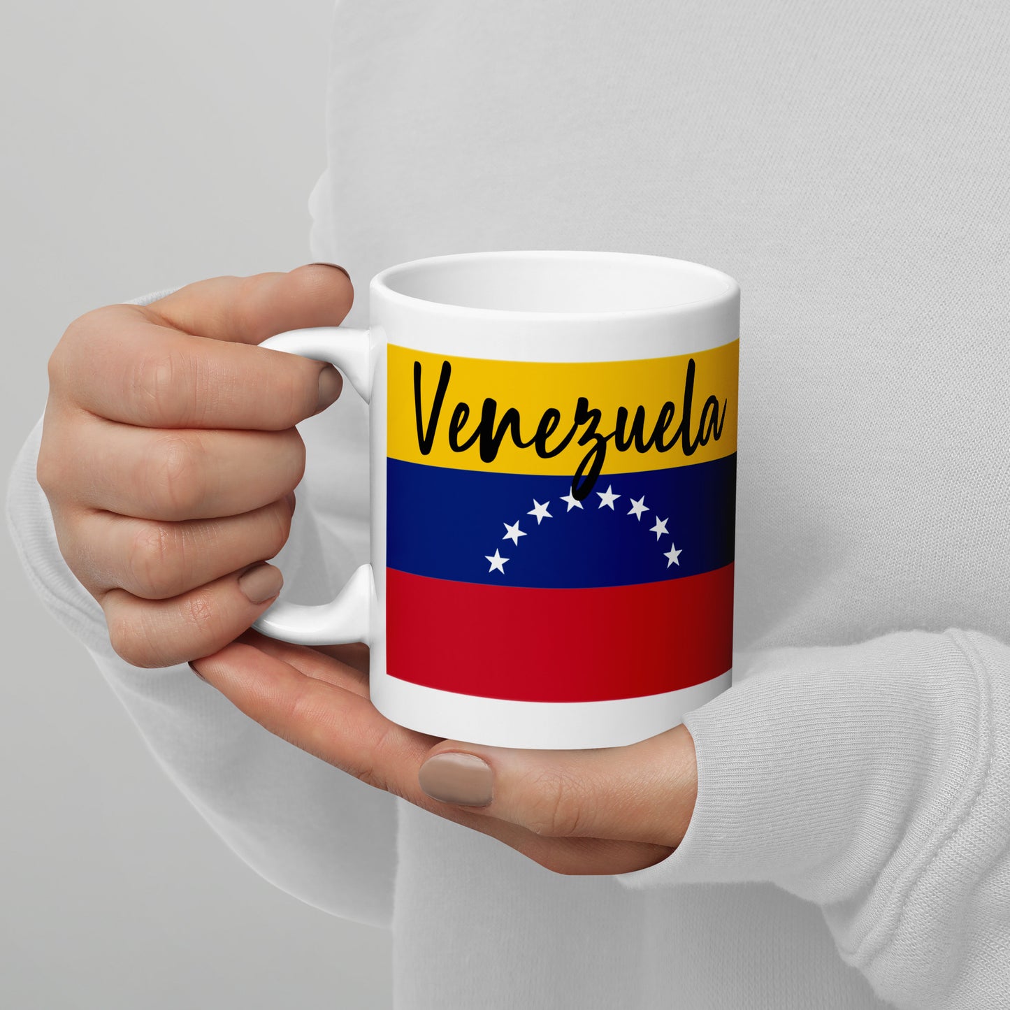 Taza blanca brillante con Bandera de Venezuela