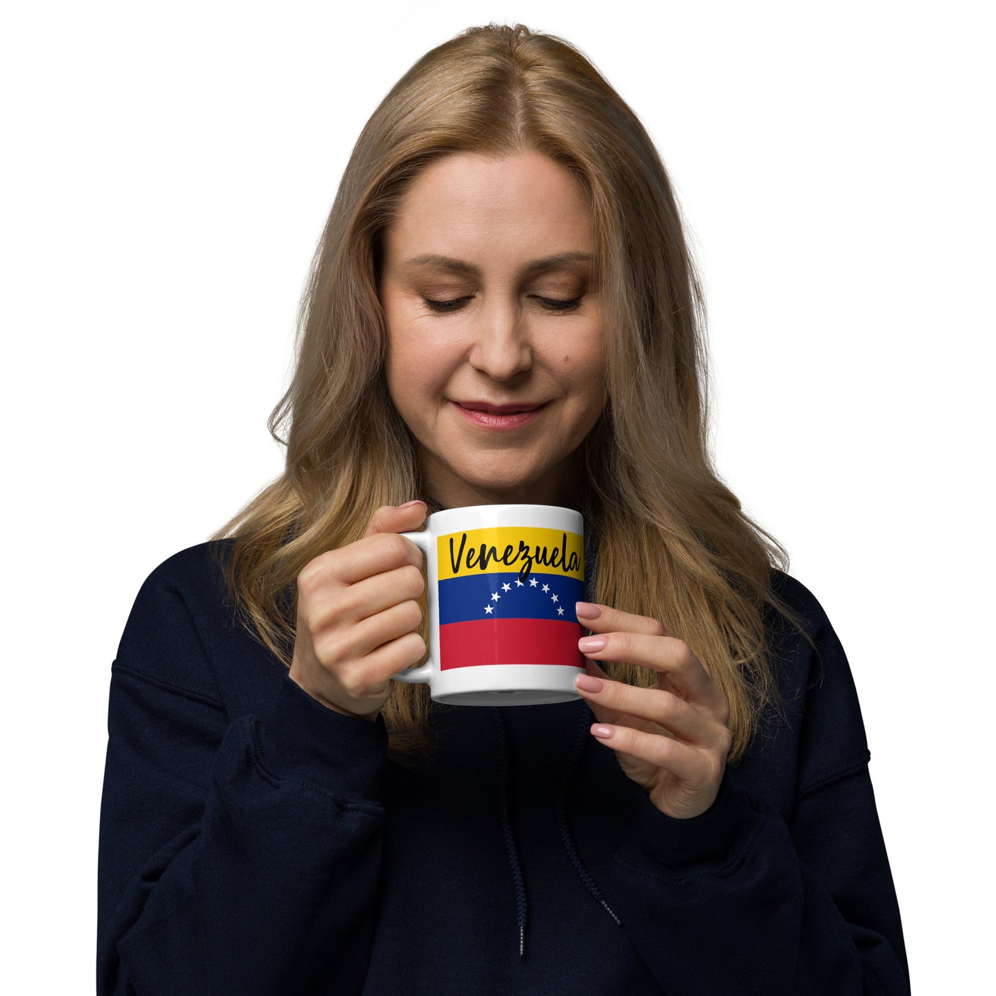 Taza blanca brillante con Bandera de Venezuela