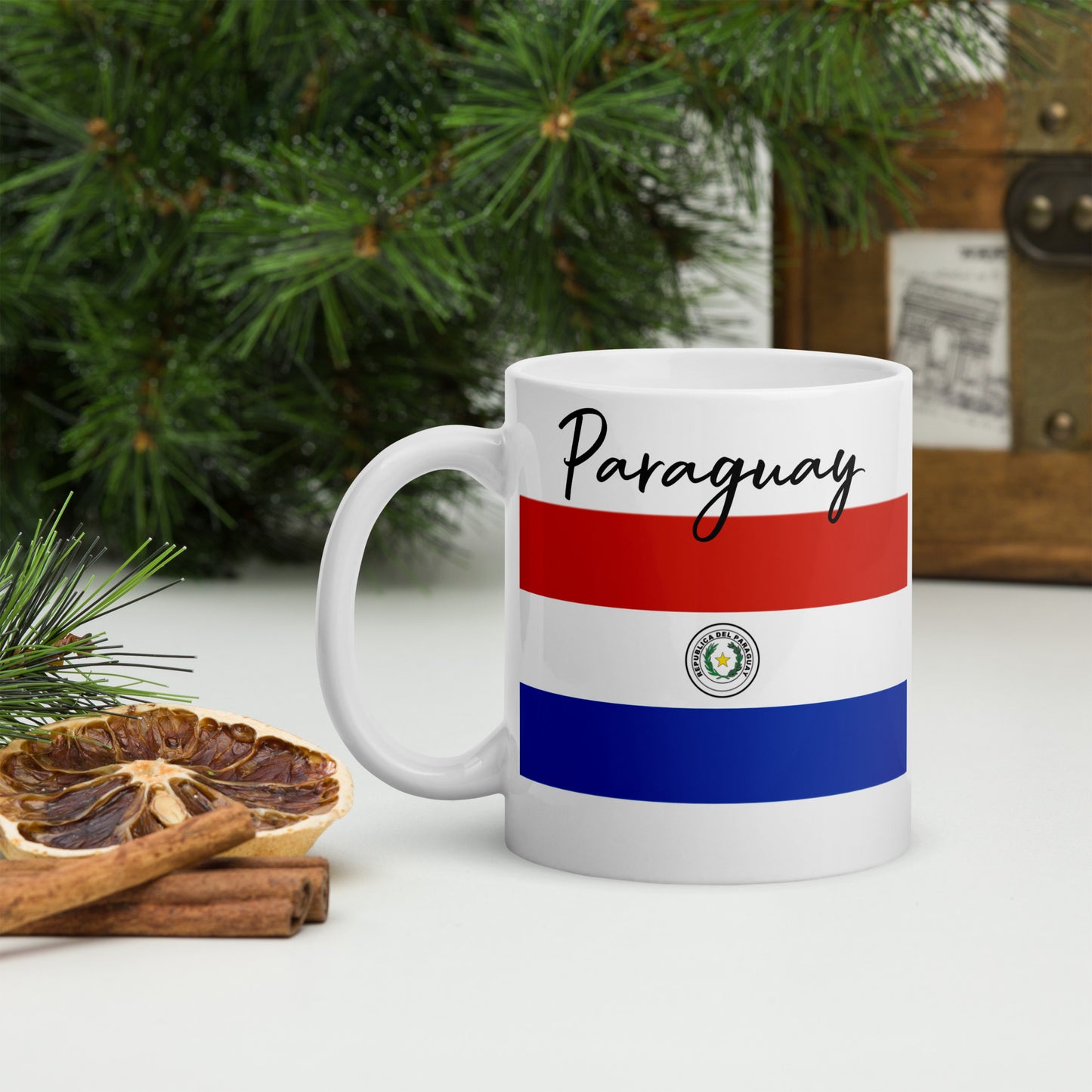 Taza blanca brillante con la Bandera de Paraguay