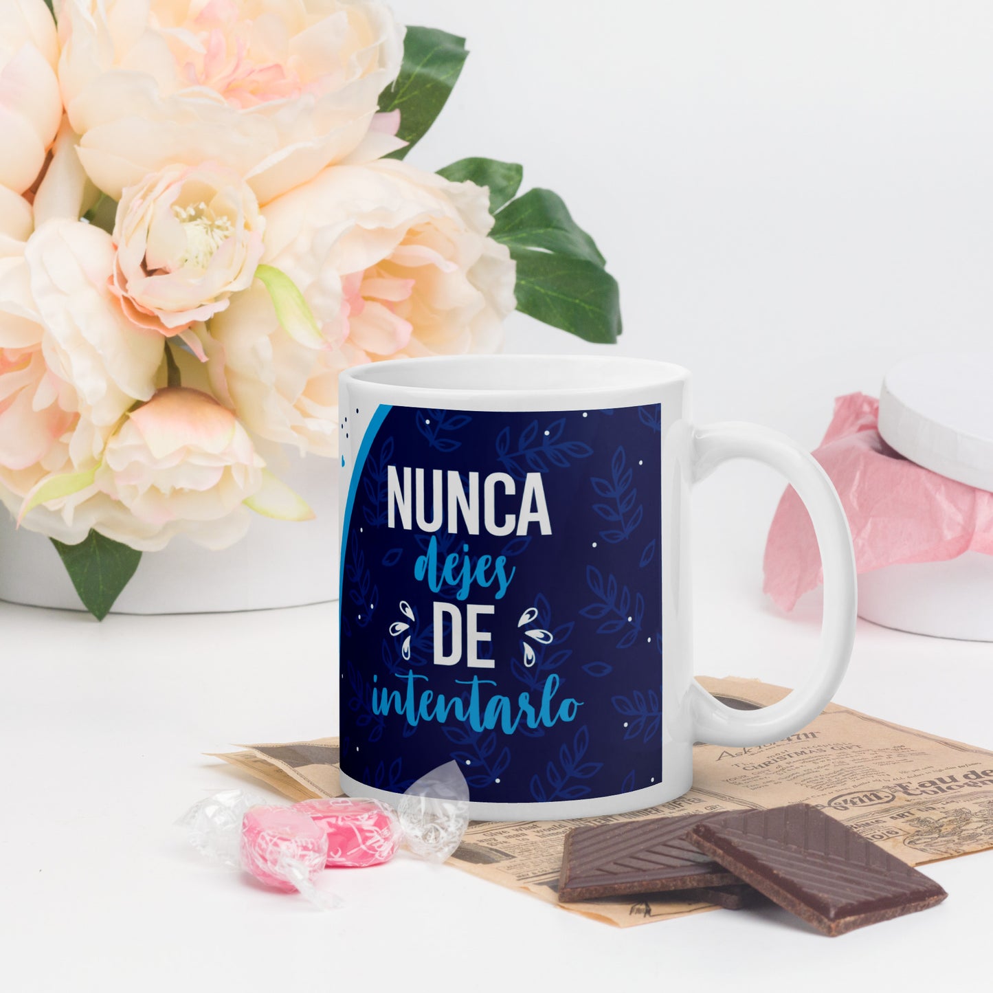 Taza Blanca Motivacional "Nunca Dejes de Intentarlo" - Brillante y Resistente
