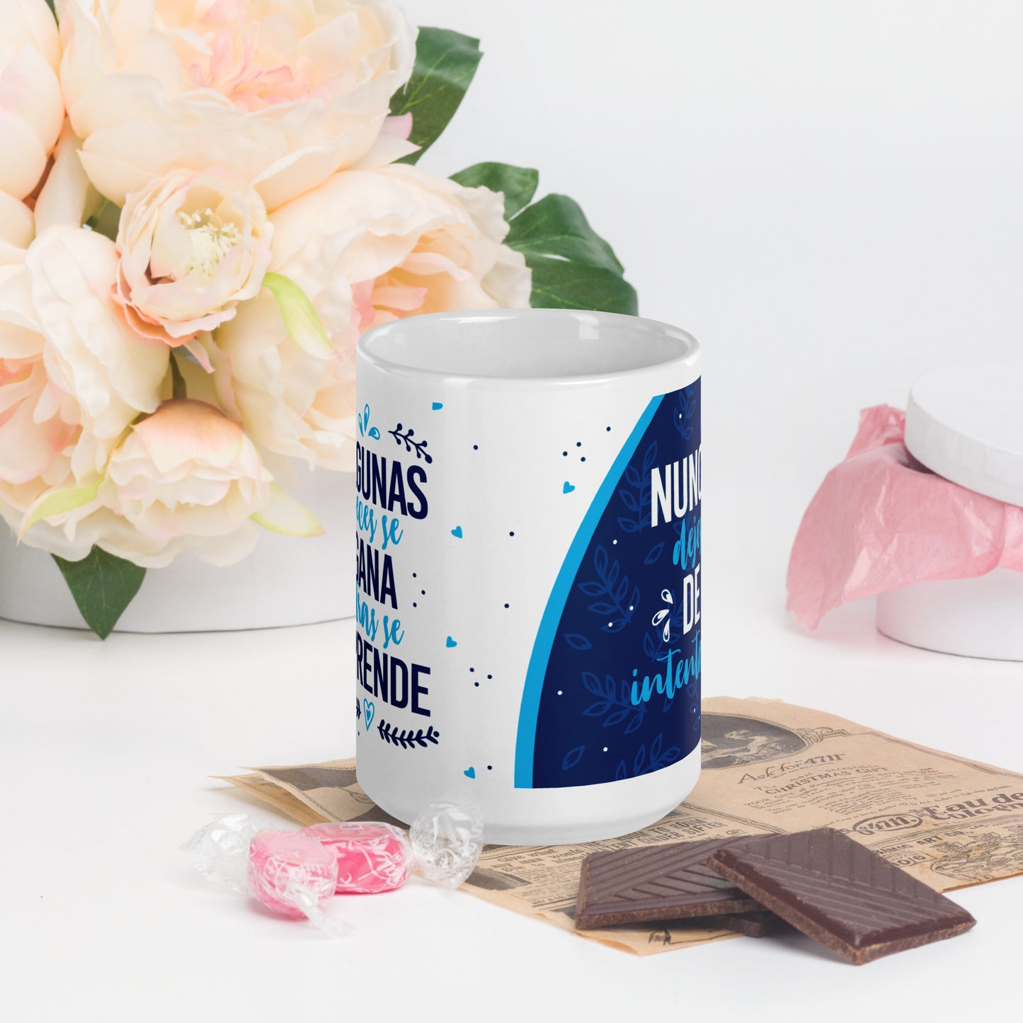 Taza Blanca Motivacional "Nunca Dejes de Intentarlo" - Brillante y Resistente