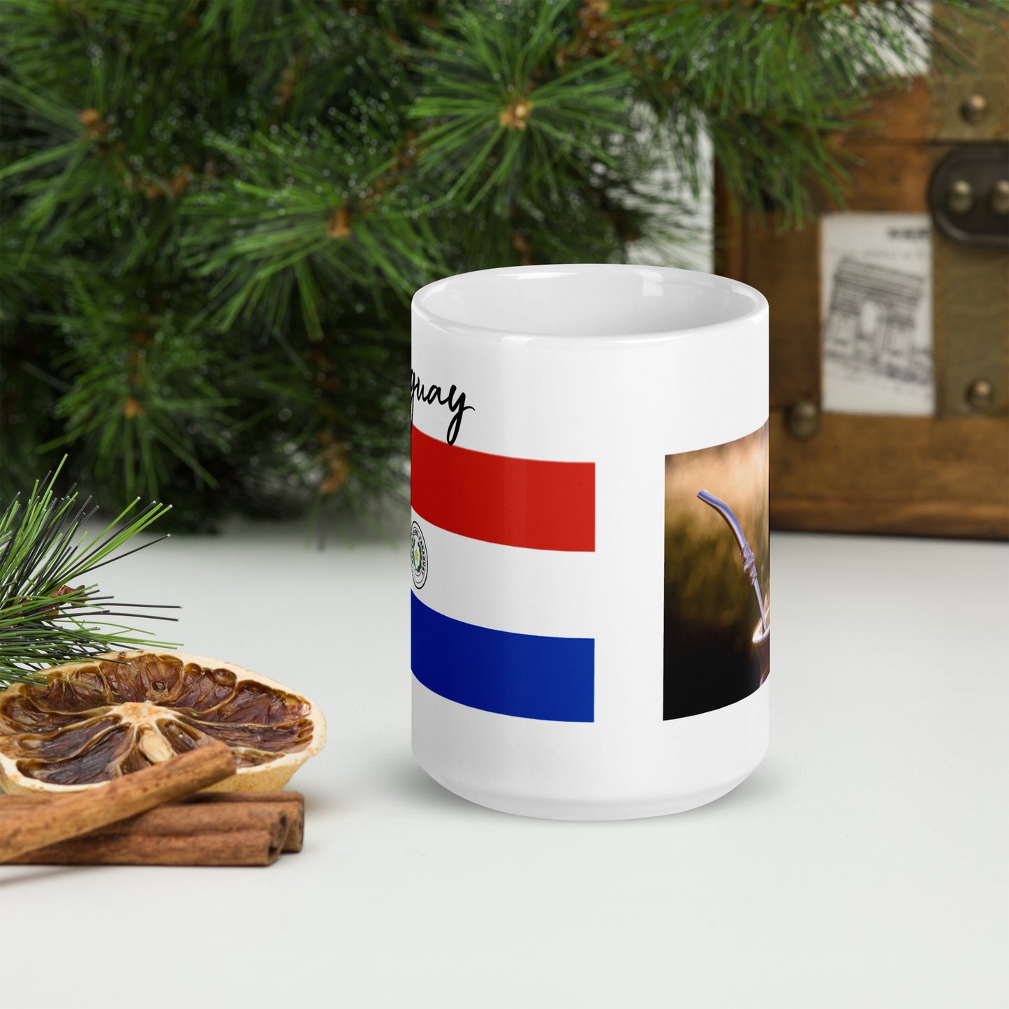 Taza blanca brillante con la Bandera de Paraguay