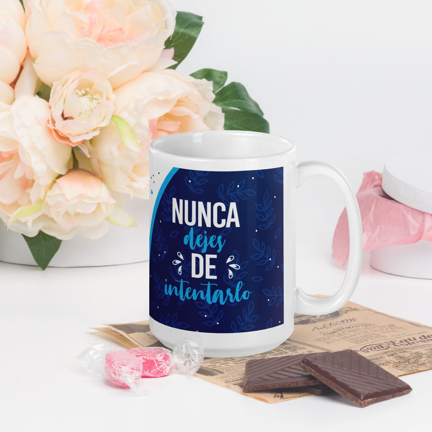Taza Blanca Motivacional "Nunca Dejes de Intentarlo" - Brillante y Resistente