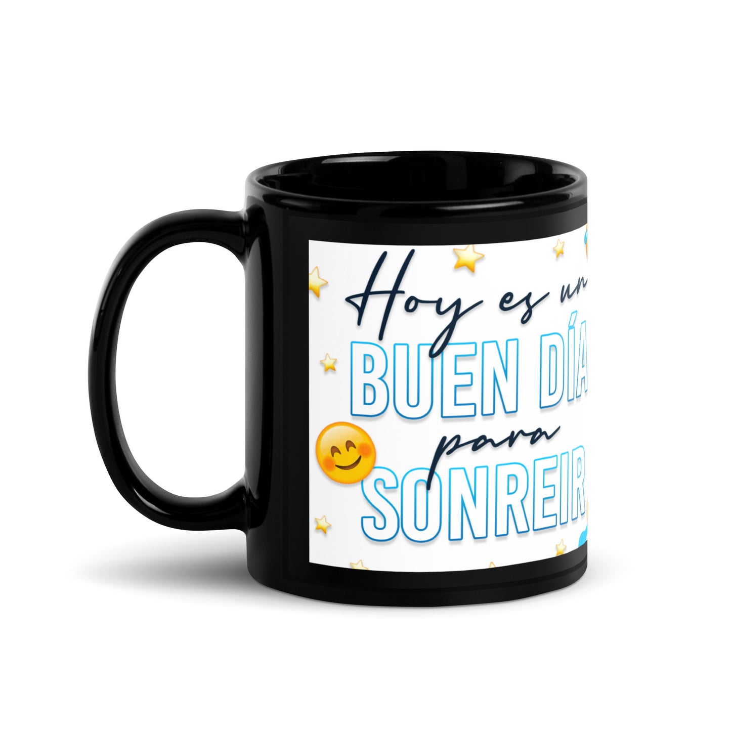 Taza Negra Brillante con Frase Motivacional "Hoy es un Buen Día Para Sonreír" - Elegancia y Resistencia para tu Café o Té