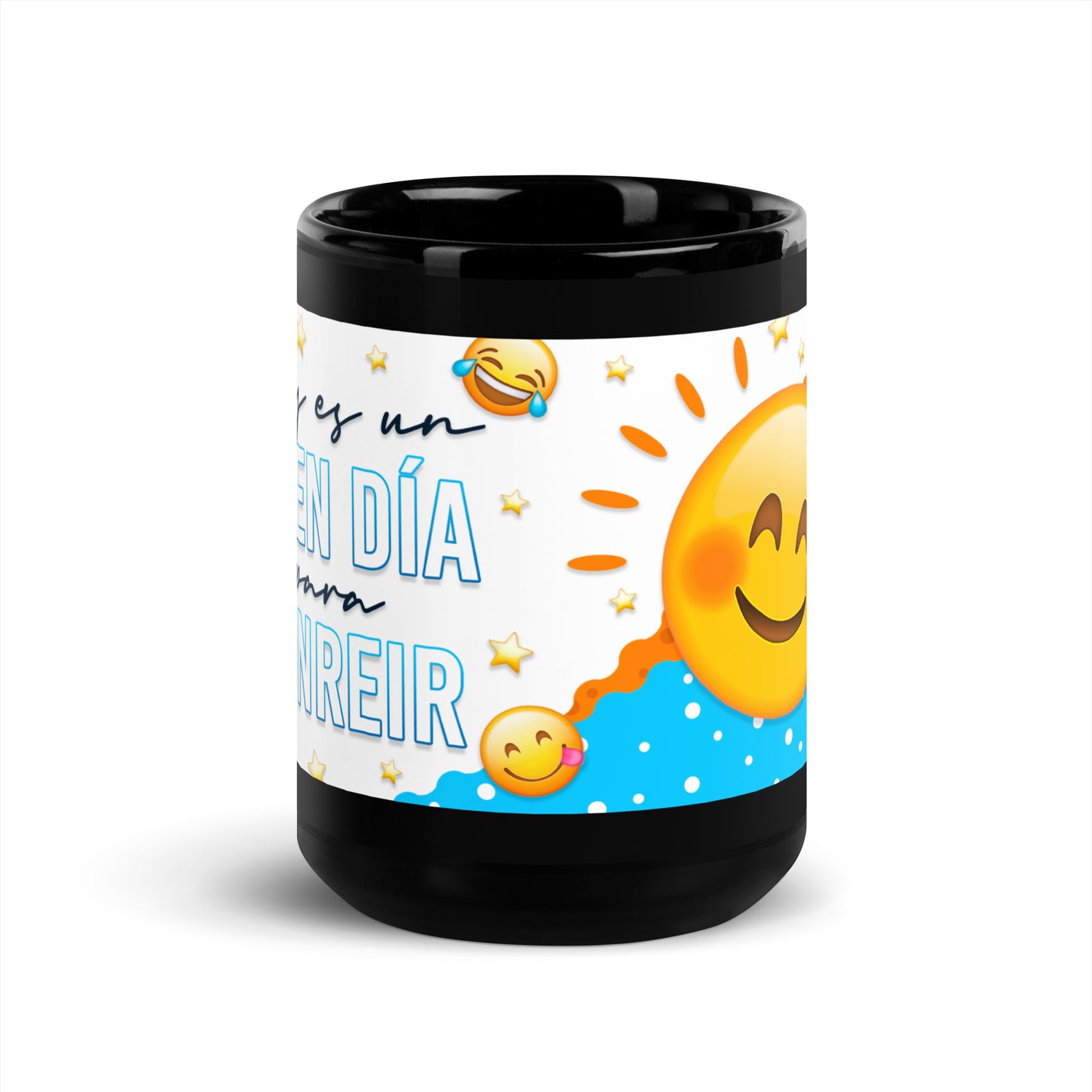 Taza Negra Brillante con Frase Motivacional "Hoy es un Buen Día Para Sonreír" - Elegancia y Resistencia para tu Café o Té