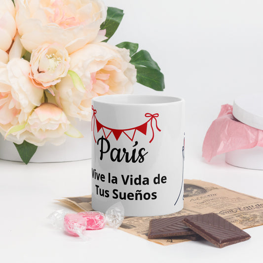 Taza Motivacional "París, Vive la Vida de tus Sueños" – Diseño Elegante en Blanco, Negro y Rojo