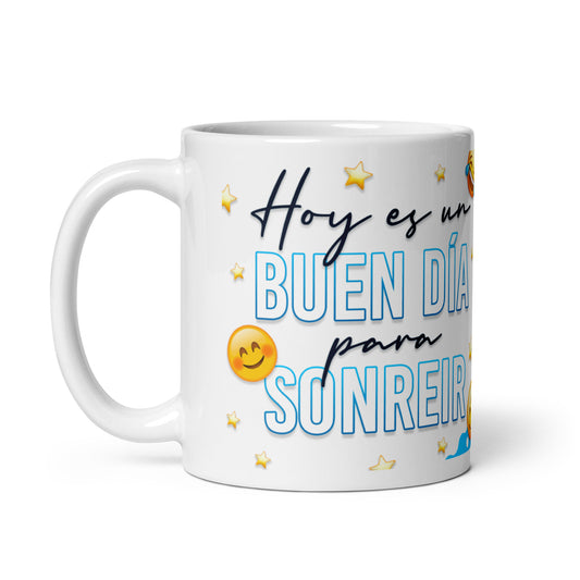 Taza Blanca "Hoy es un Buen Día para Sonreír" - Resistente y Brillante ideal para disfrutar de un buen café o té.