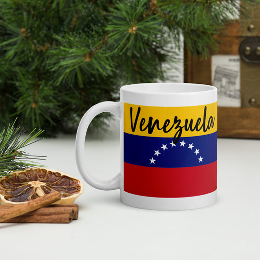 Taza blanca brillante con Bandera de Venezuela