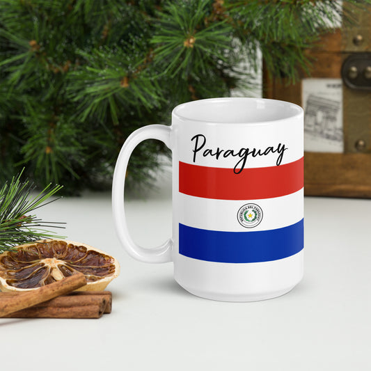 Taza blanca brillante con la Bandera de Paraguay